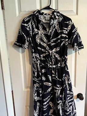 DKNY Black and White Printed Midi Shirt Dress
